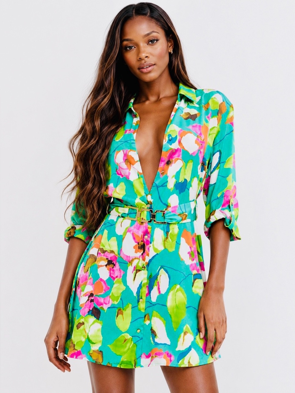 Zara Green Floral Mini Shirt Dress with Pink & White Accents
